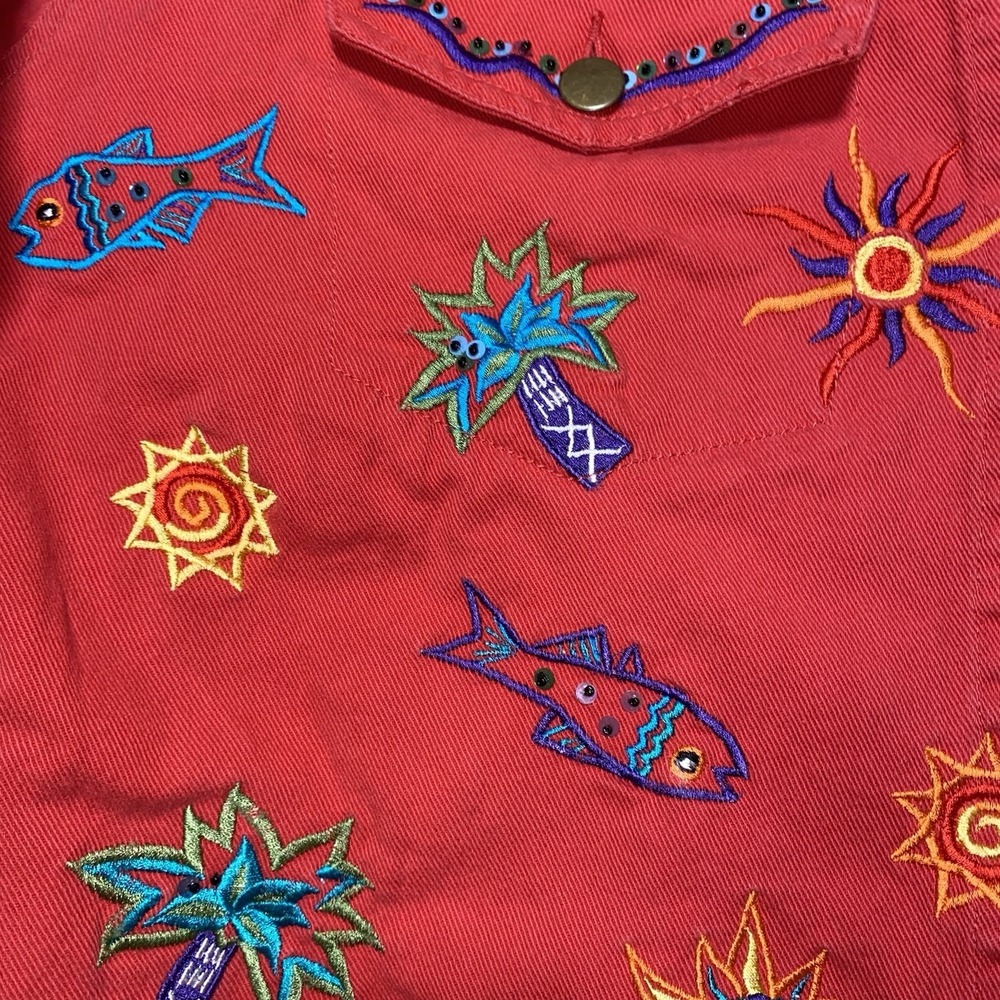 Carole Little Red Embroidered‎ Tropical Jean Jacket Size 8 - Picture 2 of 7